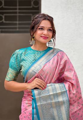 Pink kanjivaram tissue silk traditional zari woven saree 3