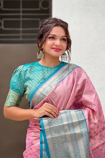 Pink kanjivaram tissue silk traditional zari woven saree
