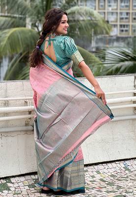 Pink kanjivaram tissue silk traditional zari woven saree 4