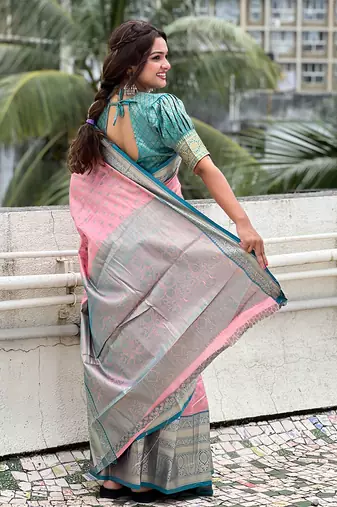 Pink kanjivaram tissue silk traditional zari woven saree