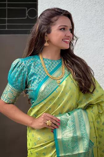 Pista kanjivaram tissue silk traditional zari woven saree