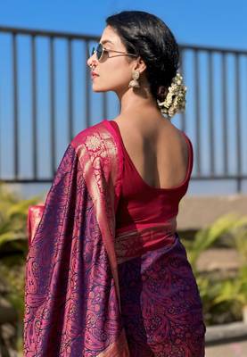 Violet soft kashmiri silk zari woven contrast saree 2