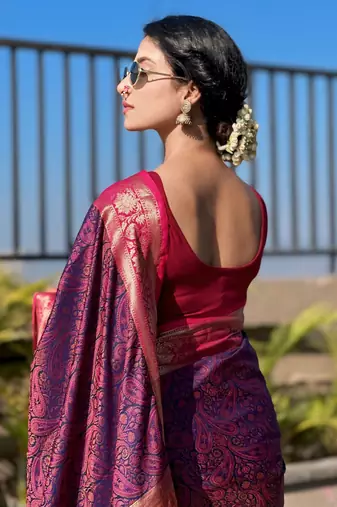 Violet soft kashmiri silk zari woven contrast saree