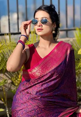 Violet soft kashmiri silk zari woven contrast saree 3
