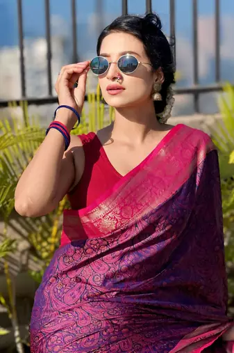 Violet soft kashmiri silk zari woven contrast saree