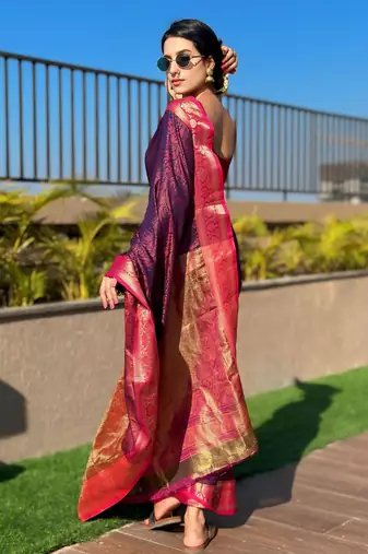 Violet soft kashmiri silk zari woven contrast saree