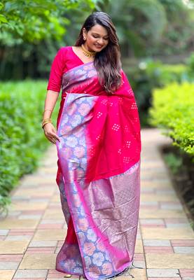 Pink soft silk floral border contrast zari woven saree 2