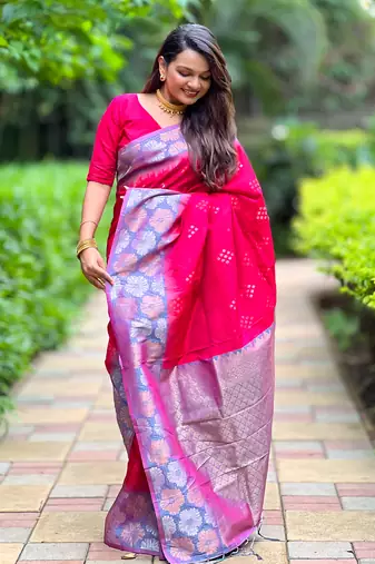 Pink soft silk floral border contrast zari woven saree
