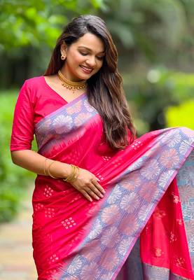 Pink soft silk floral border contrast zari woven saree 3