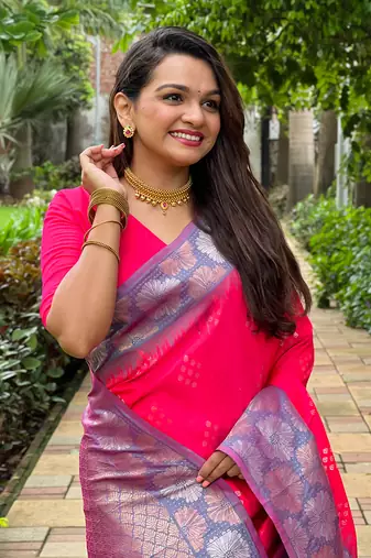 Pink soft silk floral border contrast zari woven saree