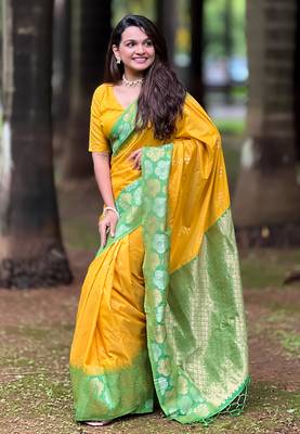 Yellow soft silk floral border contrast zari woven saree 2