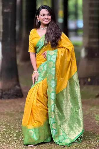 Yellow soft silk floral border contrast zari woven saree