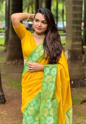 Yellow soft silk floral border contrast zari woven saree 3
