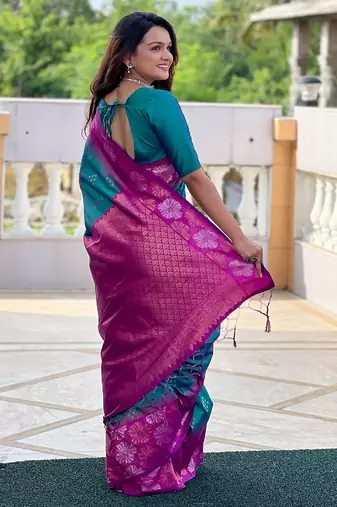 Green soft silk floral border contrast zari woven saree