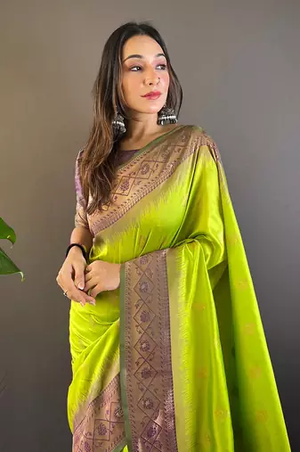 Pista soft silk floral border contrast zari woven saree