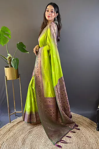 Pista soft silk floral border contrast zari woven saree