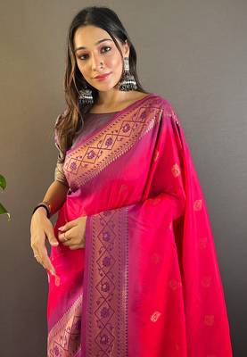 Pink soft silk floral border contrast zari woven saree 2