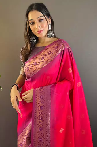 Pink soft silk floral border contrast zari woven saree