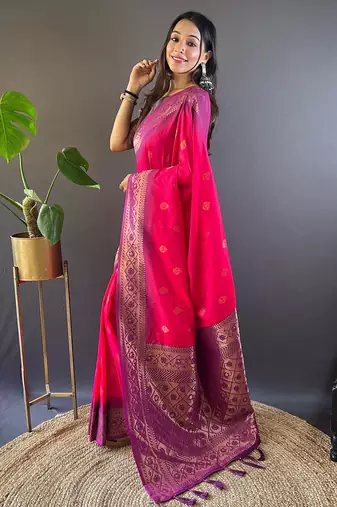 Pink soft silk floral border contrast zari woven saree