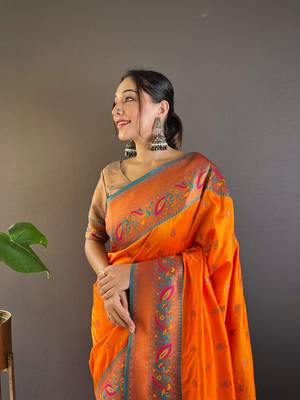 Orange original maharashtrian meenakari yeola paithani silk zari woven saree 2