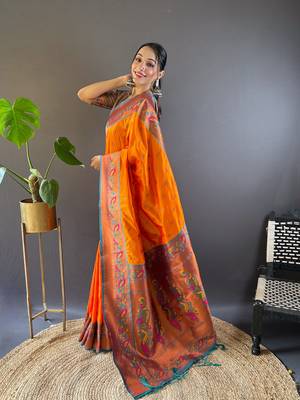 Orange original maharashtrian meenakari yeola paithani silk zari woven saree 3