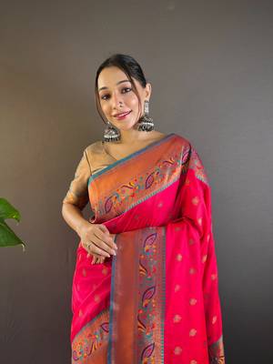 Pink original maharashtrian meenakari yeola paithani silk zari woven saree 2