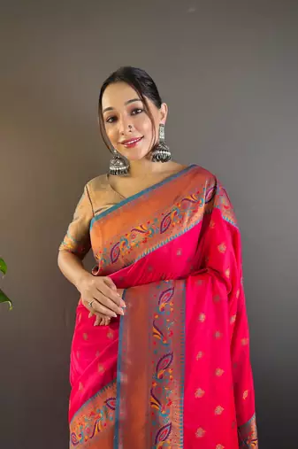 Pink original maharashtrian meenakari yeola paithani silk zari woven saree