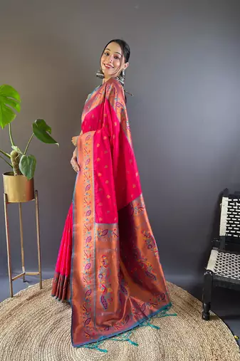 Pink original maharashtrian meenakari yeola paithani silk zari woven saree