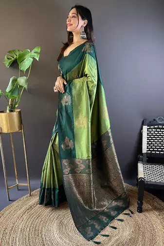 Pista soft silk floral border contrast zari woven saree