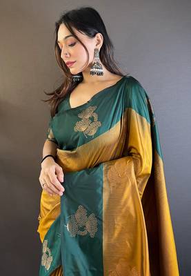 Gold soft silk floral border contrast zari woven saree 2