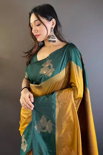 Gold soft silk floral border contrast zari woven saree