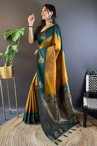 Gold soft silk floral border contrast zari woven saree