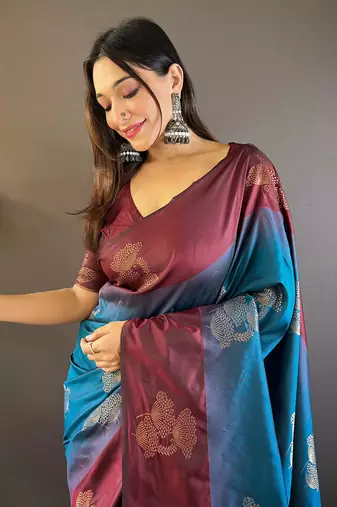 Blue soft silk floral border contrast zari woven saree