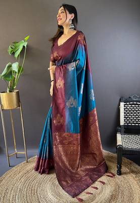 Blue soft silk floral border contrast zari woven saree 3