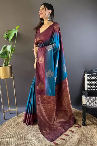 Blue soft silk floral border contrast zari woven saree