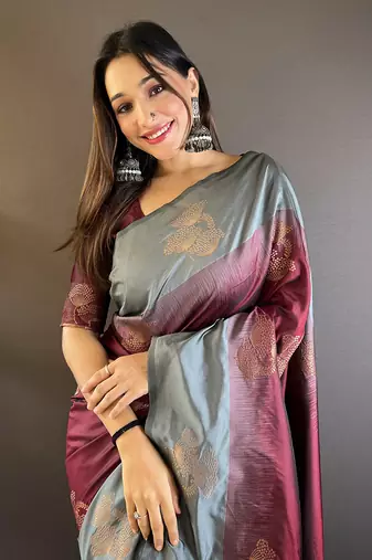 Brown soft silk floral border contrast zari woven saree