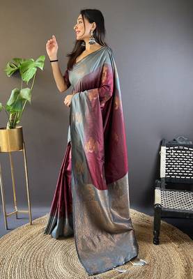 Brown soft silk floral border contrast zari woven saree 3