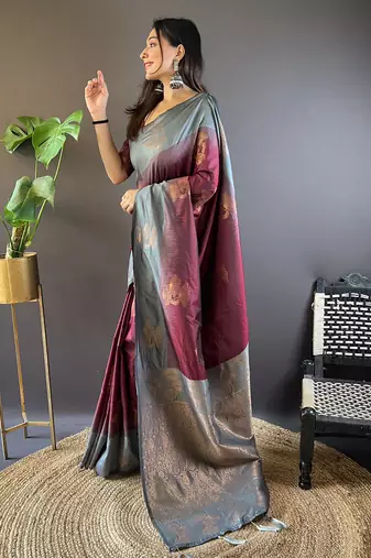 Brown soft silk floral border contrast zari woven saree