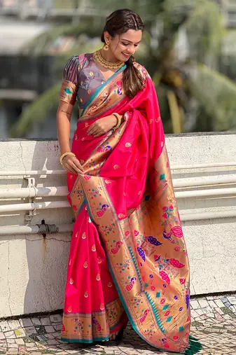Pink contrast zari woven chandrakor swan yeola paithani silk saree