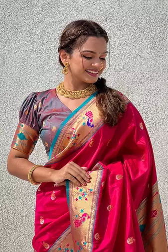 Pink contrast zari woven chandrakor swan yeola paithani silk saree