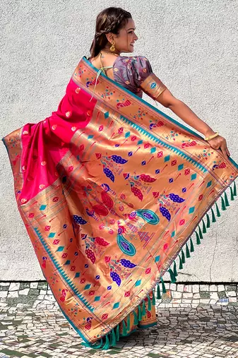 Pink contrast zari woven chandrakor swan yeola paithani silk saree