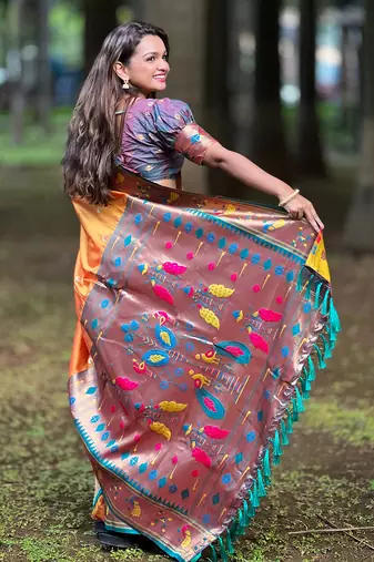 Gold contrast zari woven chandrakor swan yeola paithani silk saree
