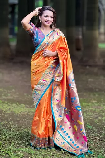 Gold contrast zari woven chandrakor swan yeola paithani silk saree