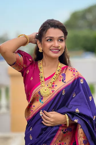 Violet contrast zari woven chandrakor swan yeola paithani silk saree