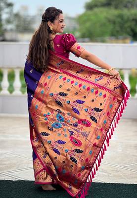 Violet contrast zari woven chandrakor swan yeola paithani silk saree 3