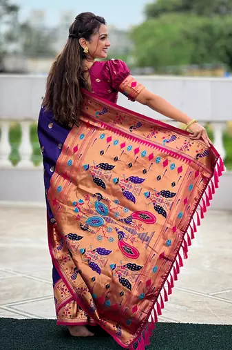 Violet contrast zari woven chandrakor swan yeola paithani silk saree