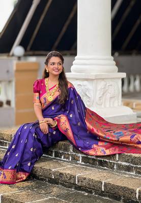 Violet contrast zari woven chandrakor swan yeola paithani silk saree 4