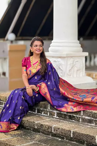 Violet contrast zari woven chandrakor swan yeola paithani silk saree