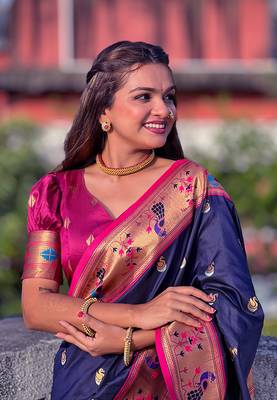 Navy Blue Paithni Silk Zari Woven Saree with Blouse for Women 2