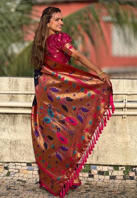 Navy Blue Paithni Silk Zari Woven Saree with Blouse for Women 3